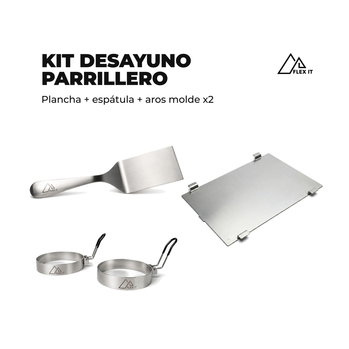Kit Desayuno Parrillero Flex It: plancha, espátula y aros molde x2