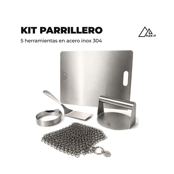Kit Parrillero Flex It completo: espátula, smasher, tabla, rejilla y aros molde