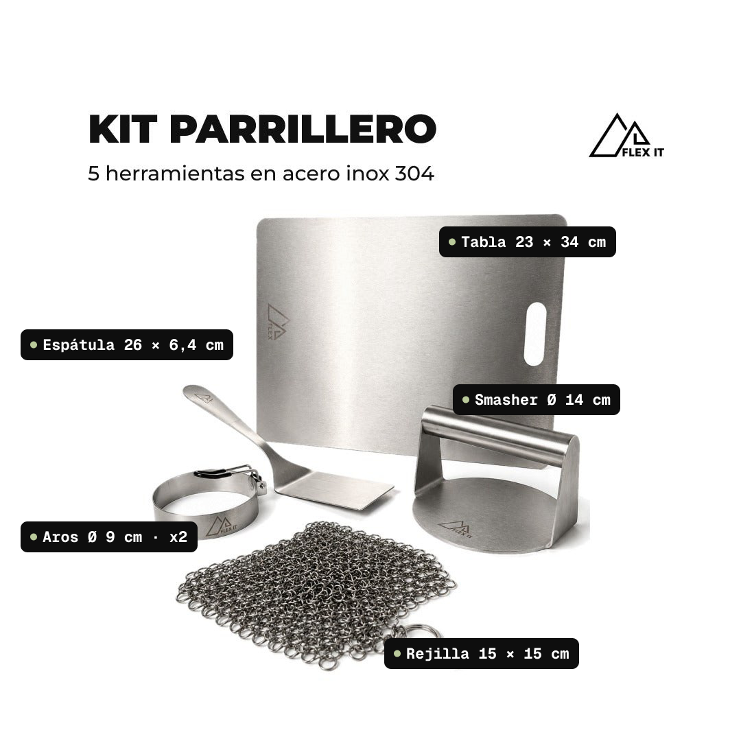 Medidas de las 5 herramientas del Kit Parrillero