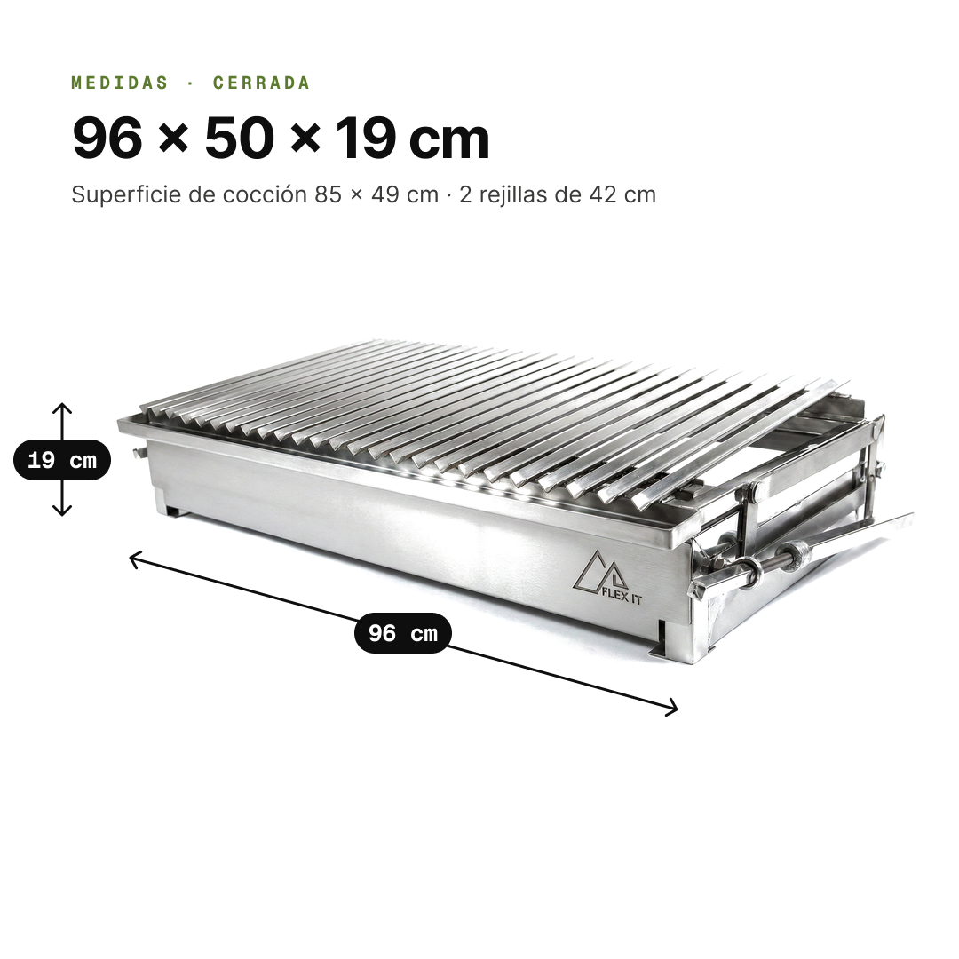 Medidas parrilla empotrable cerrada: 96 × 50 × 19 cm, superficie de cocción 85 × 49 cm